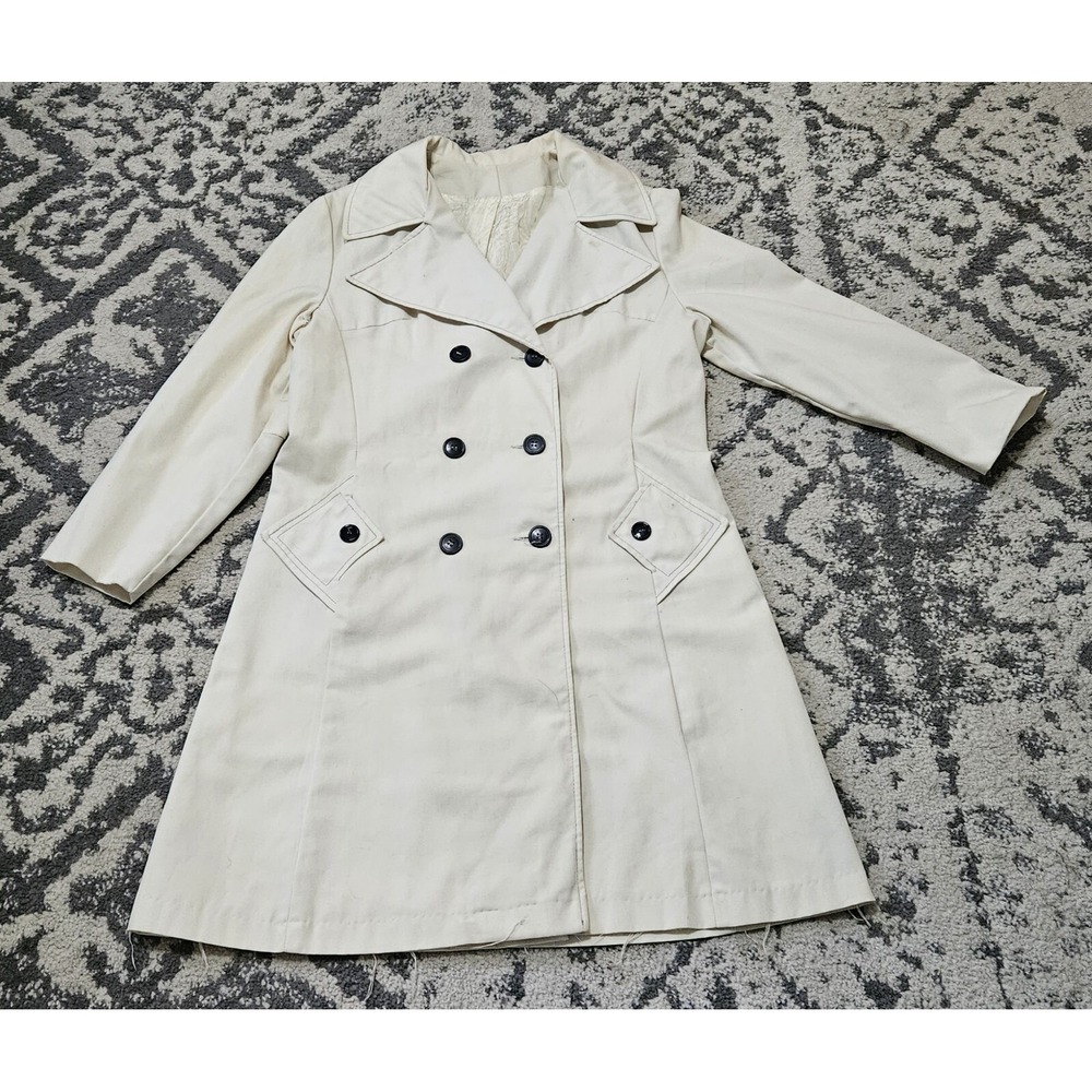 Vintage 1960s 1970s White Trench Coat Blue Buttons Medium Large
